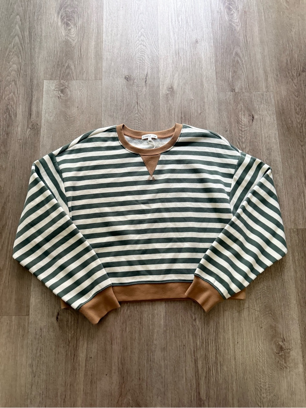 z supply low key stripe green & white fleece crew neck sweater sweatshirt small